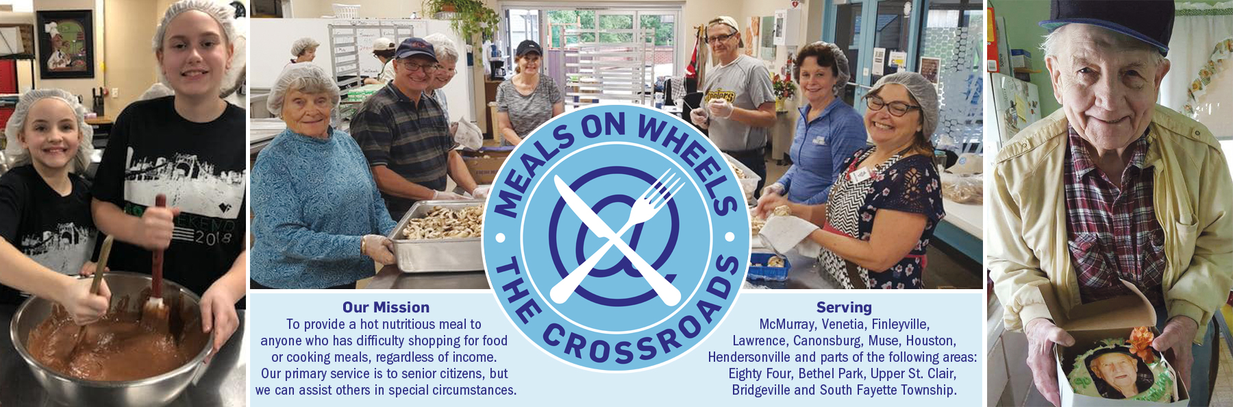 Photos of volunteers, client and Meals on Wheels logo, mission and service areas