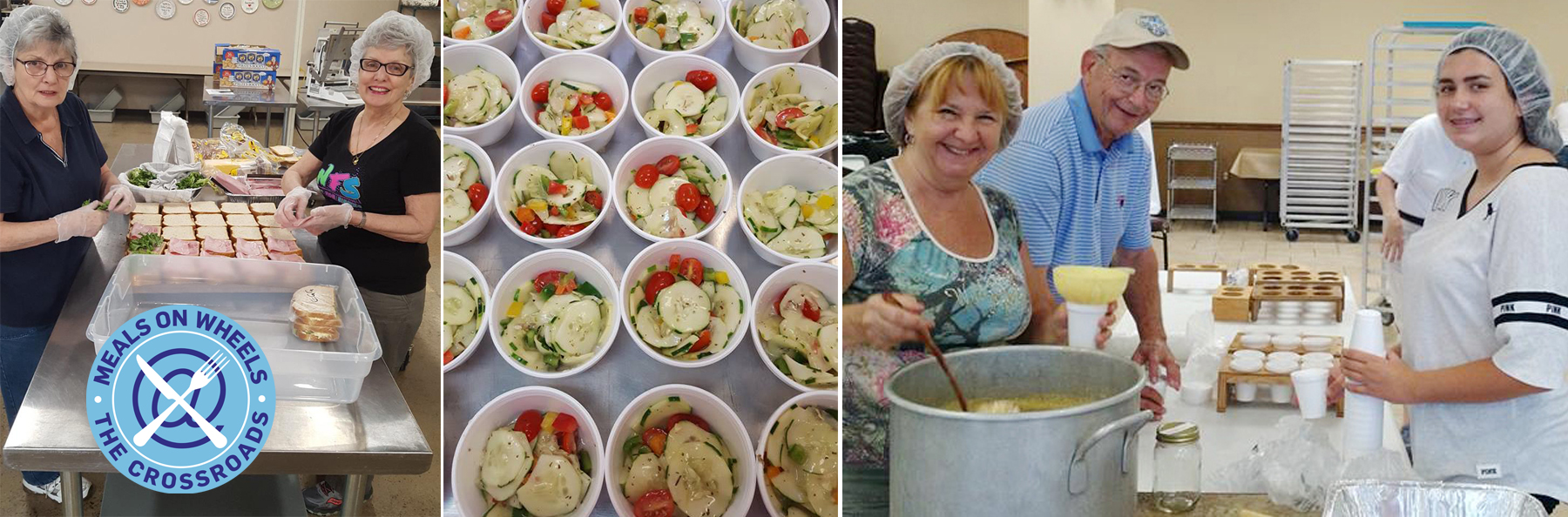 Photos of volunteers preparing meals and a photo of cucumber salad